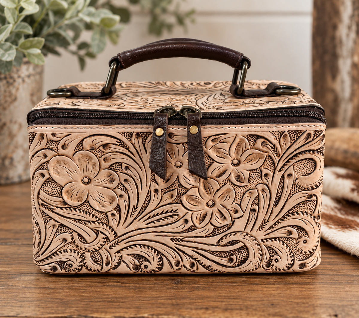 Tooled Leather Western Makeup Case with Crossbody Strap