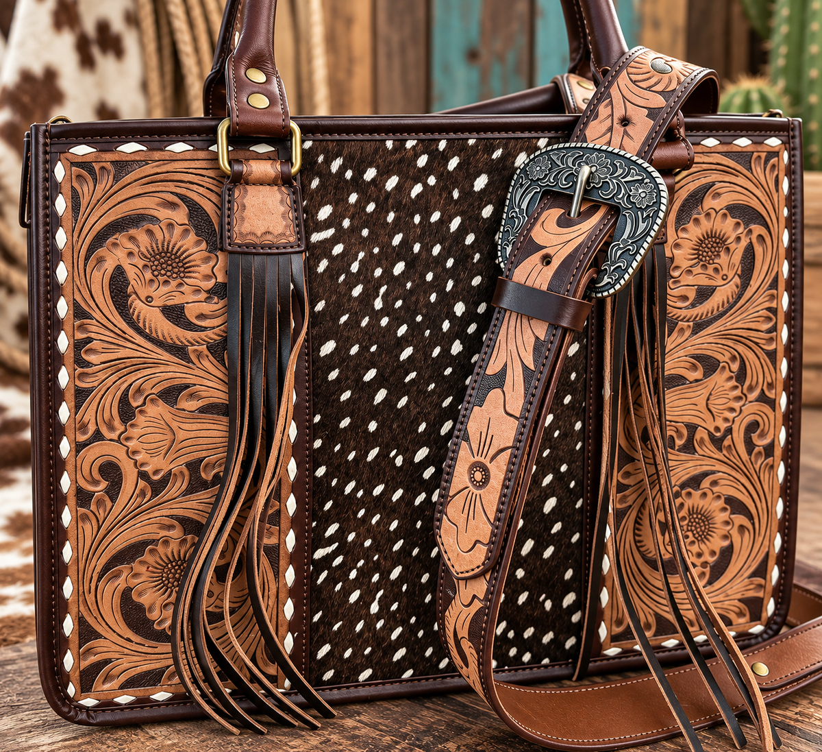 Wild Axis Genuine Cowhide & Hand-Tooled Leather Fringe Tote | Western Concealed Carry Laptop Bag