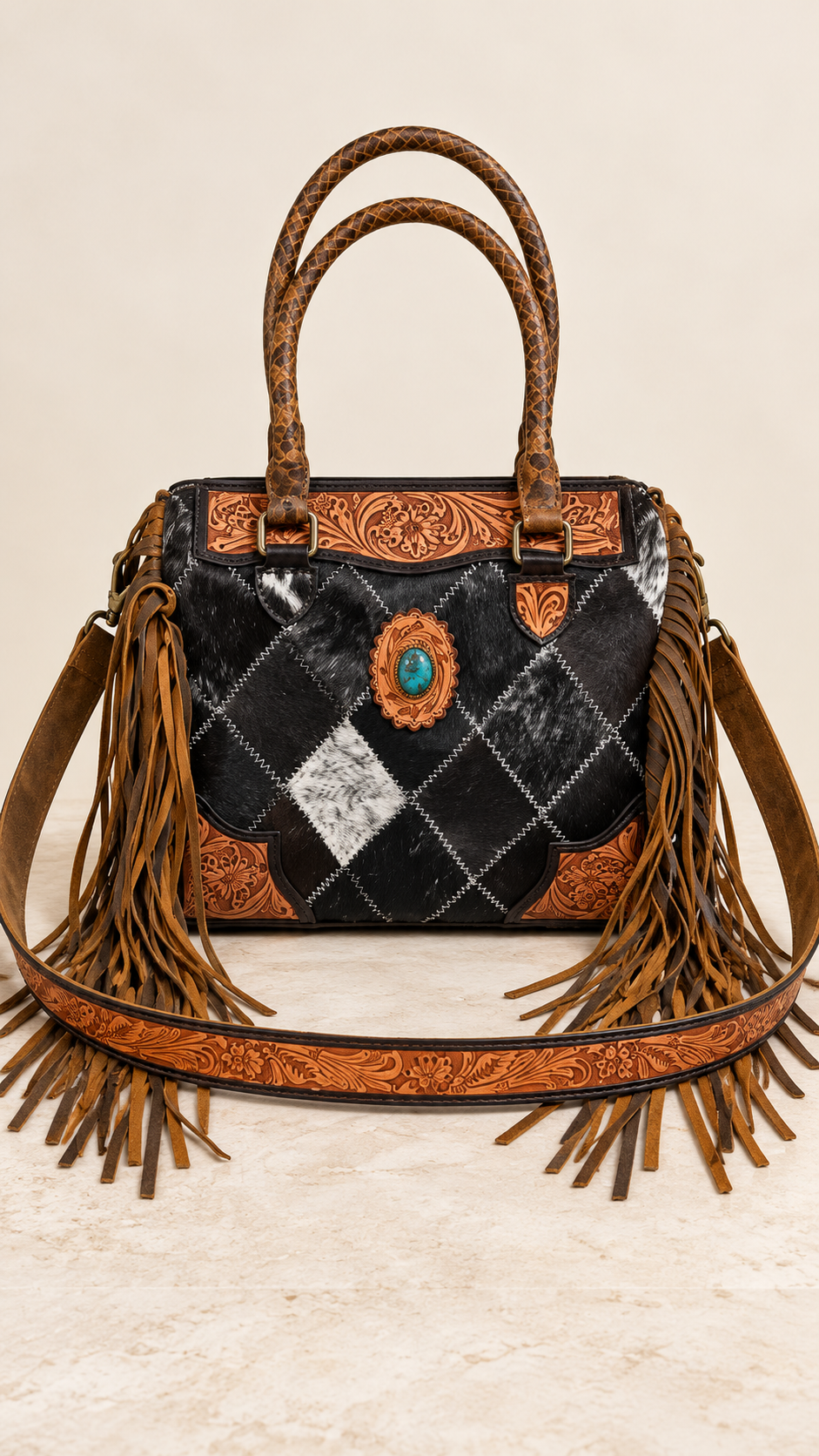 The Diamond Trails Cowhide & Tooled Leather Fringe Handbag