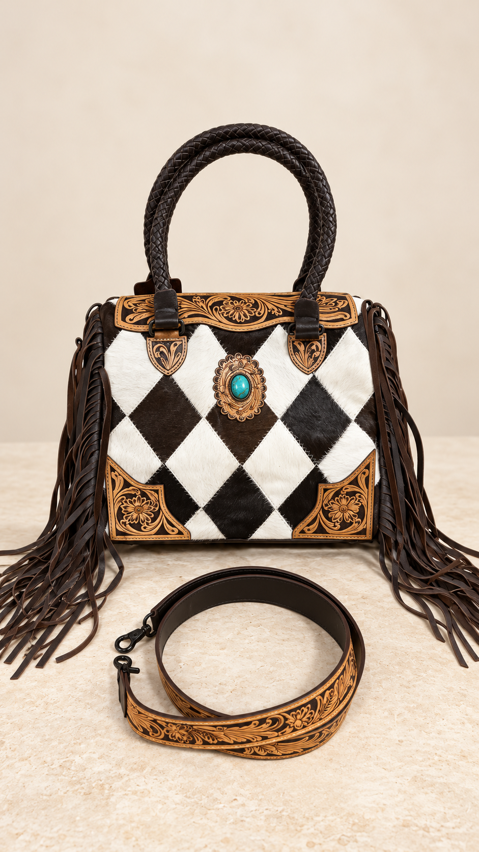 The Diamond Trails Cowhide & Tooled Leather Fringe Handbag