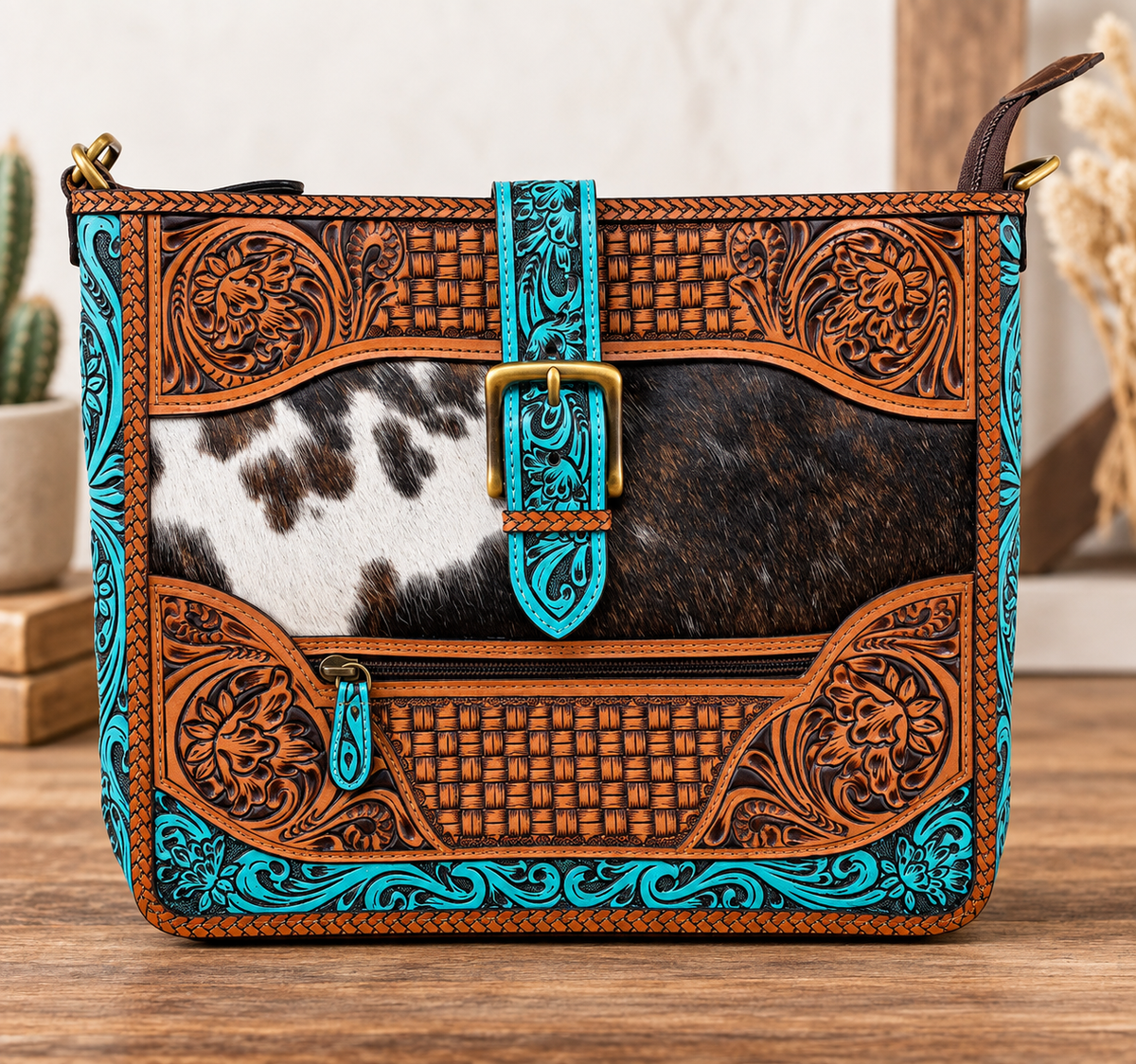Turquoise Legacy Hand-Tooled Leather & Cowhide Crossbody Bag
