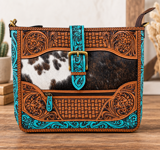 Turquoise Legacy Hand-Tooled Leather & Cowhide Crossbody Bag