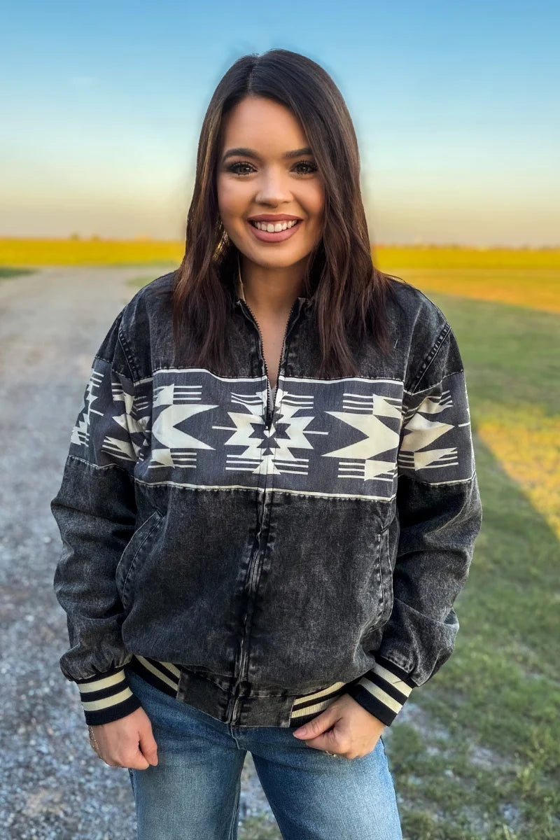 Renegade Nights Washed Black Western Bomber Jacket