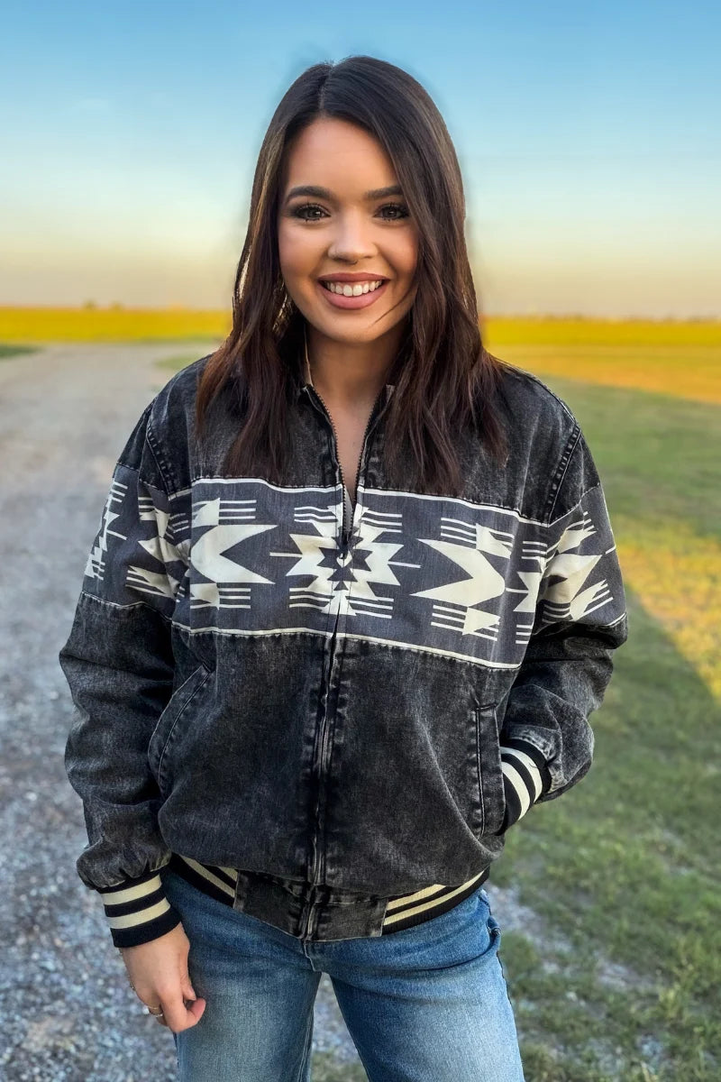 Renegade Nights Washed Black Western Bomber Jacket