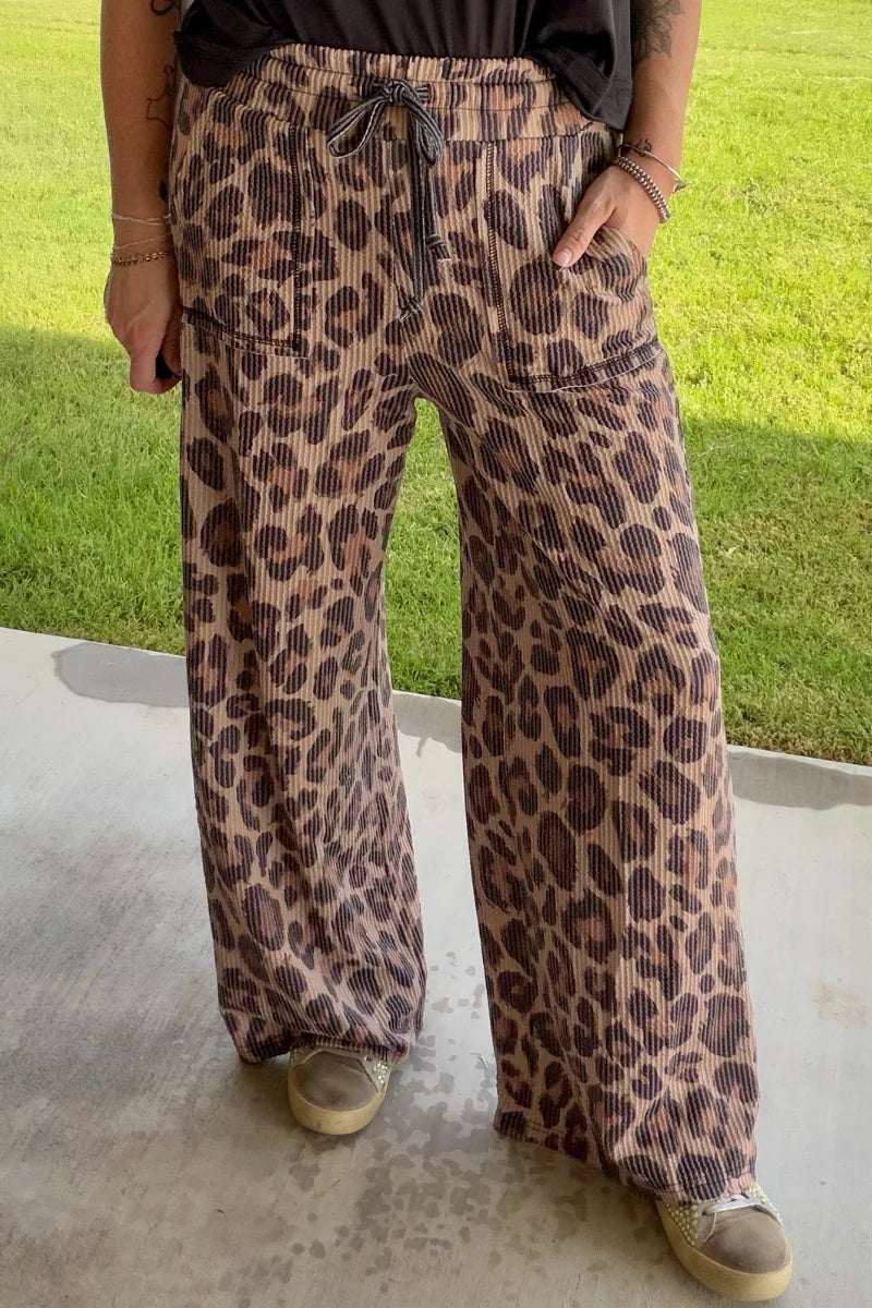 Wild Side Leopard Print Ribbed Drawstring Pants | Sterling Kreek