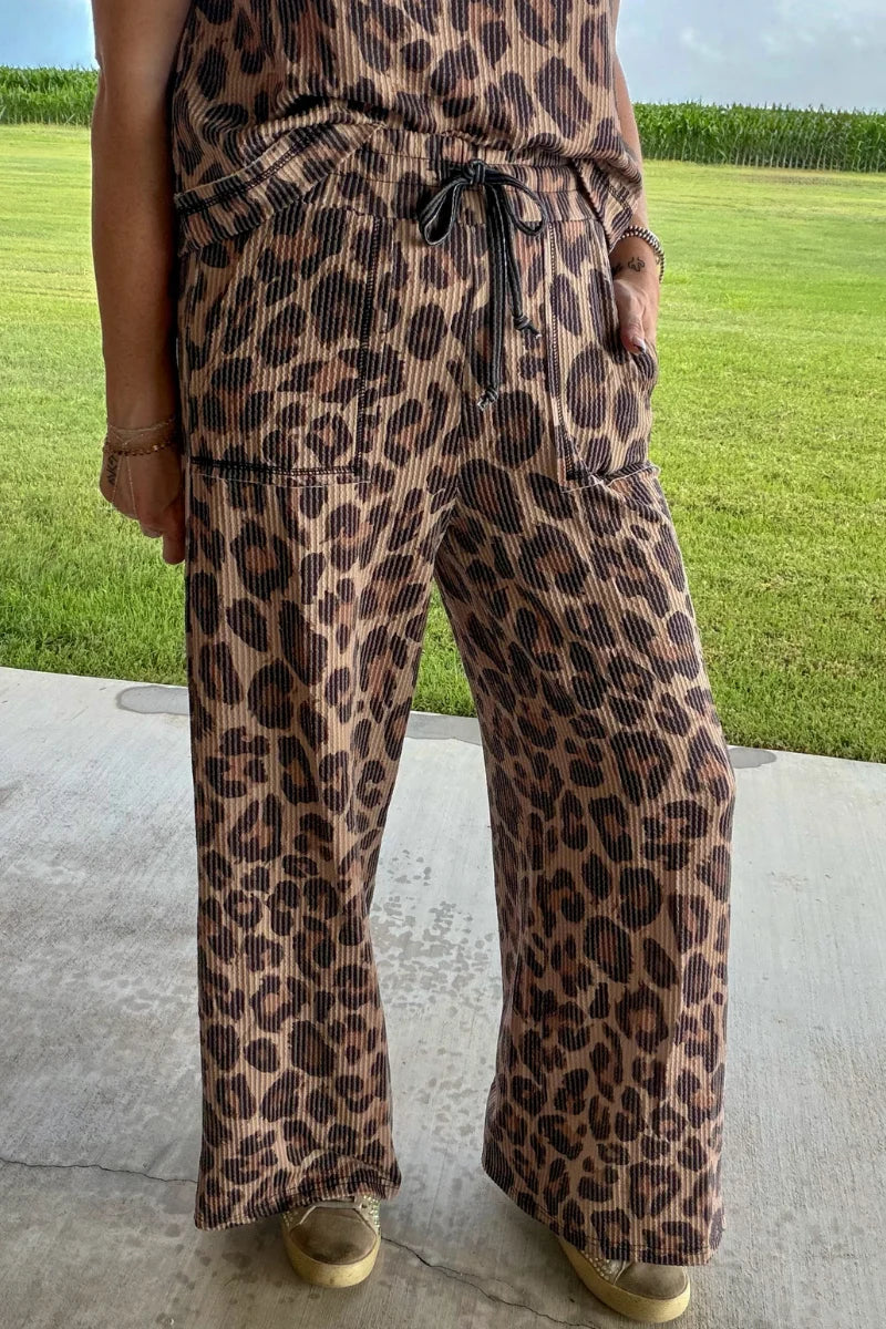 Wild Side Leopard Print Ribbed Drawstring Pants | Sterling Kreek