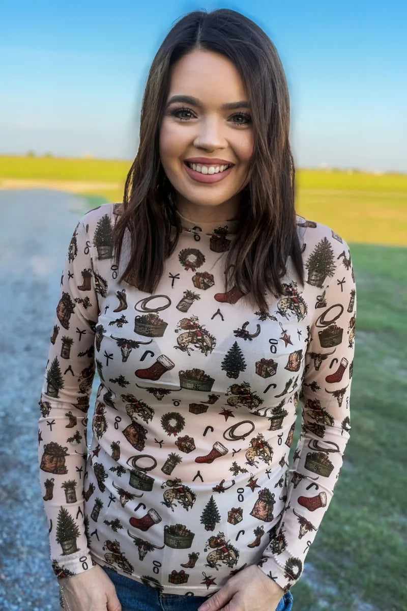 Holly Jolly Cowgirl Western Christmas Mesh Top