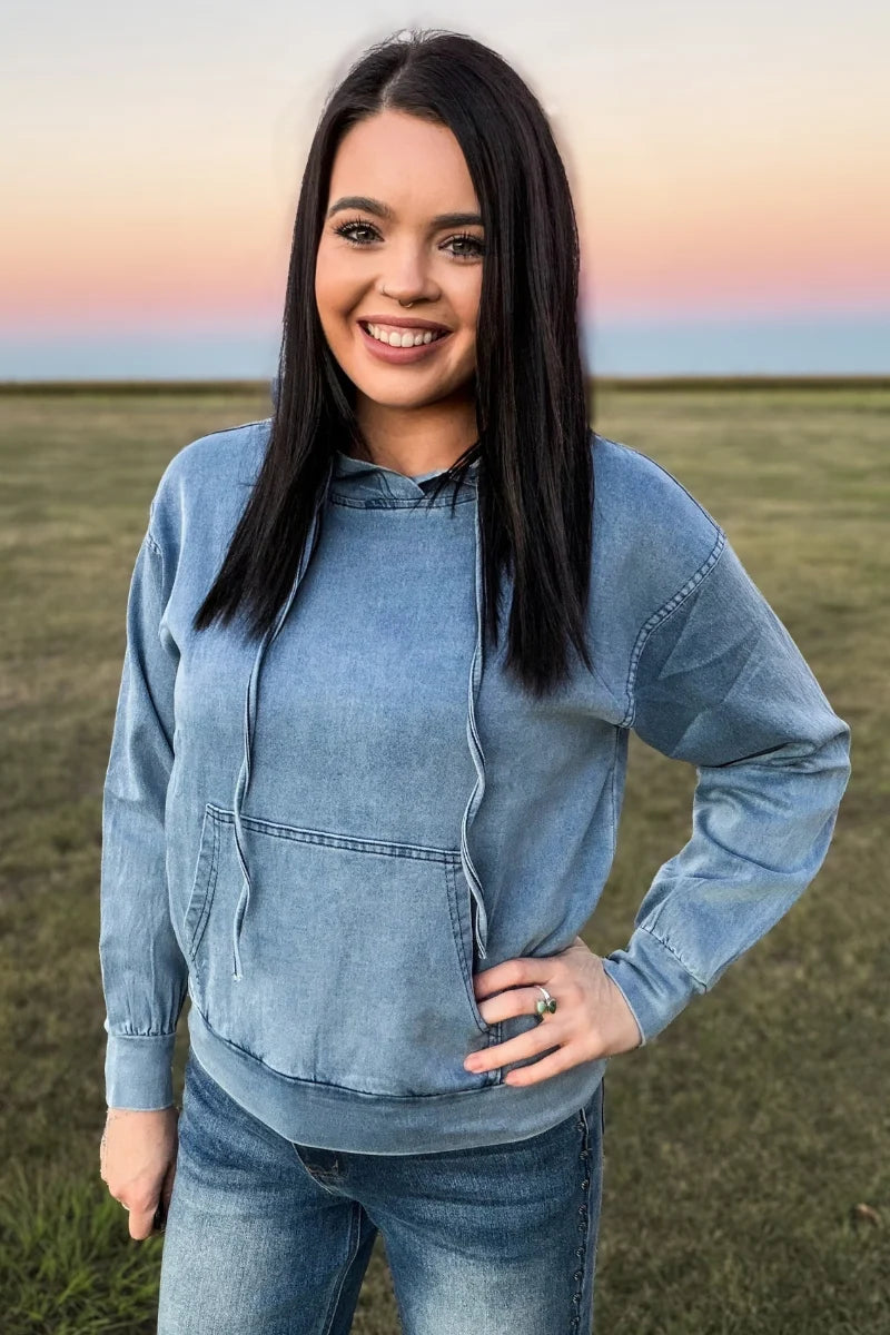 Vintage Denim Dreams Stretch Hoodie | Washed Blue Western Pullover
