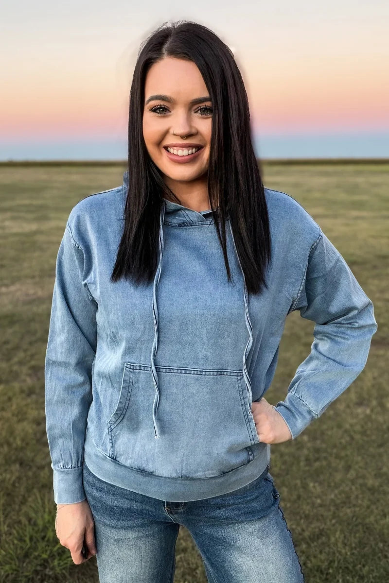 Vintage Denim Dreams Stretch Hoodie | Washed Blue Western Pullover