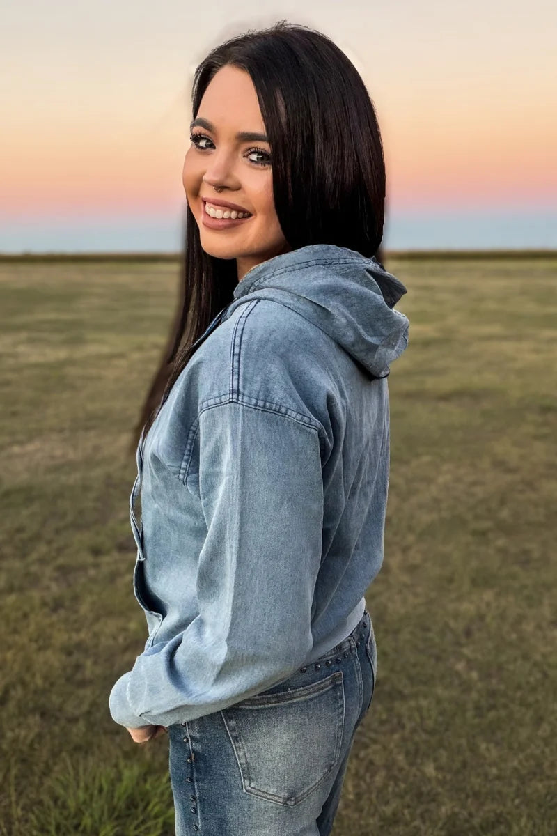 Vintage Denim Dreams Stretch Hoodie | Washed Blue Western Pullover