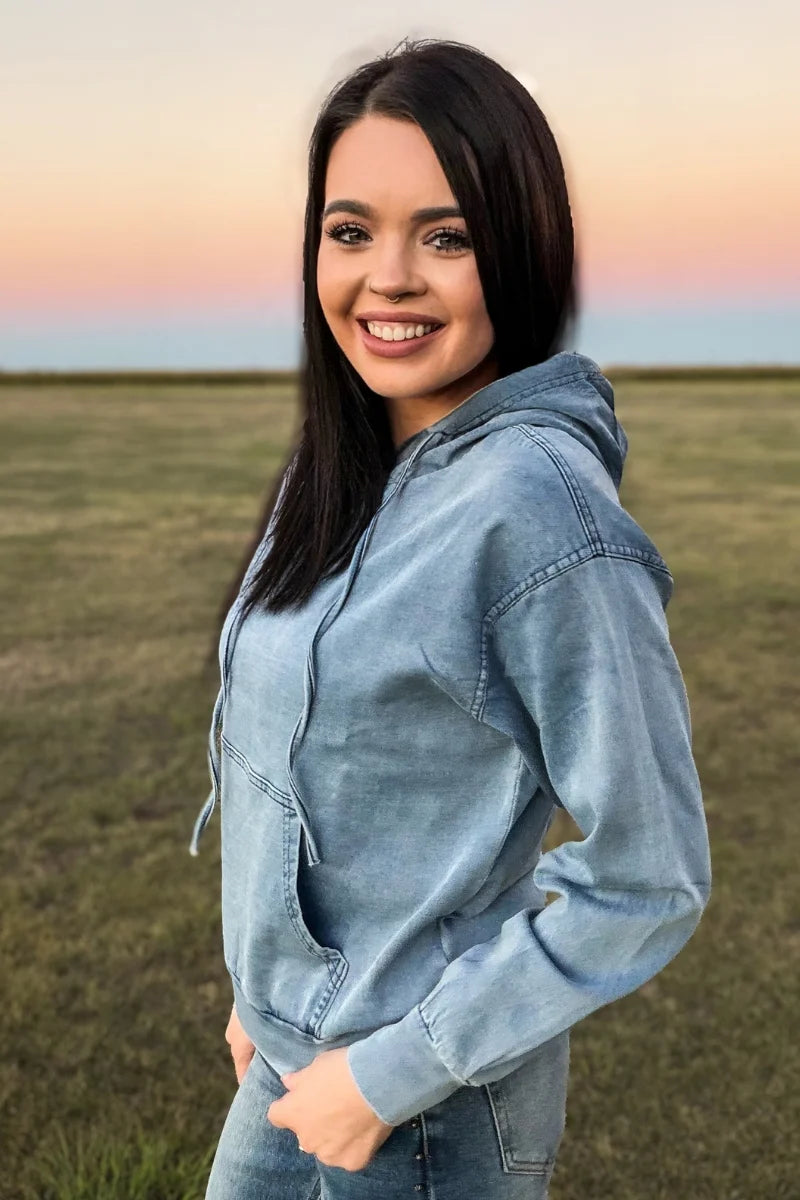 Vintage Denim Dreams Stretch Hoodie | Washed Blue Western Pullover