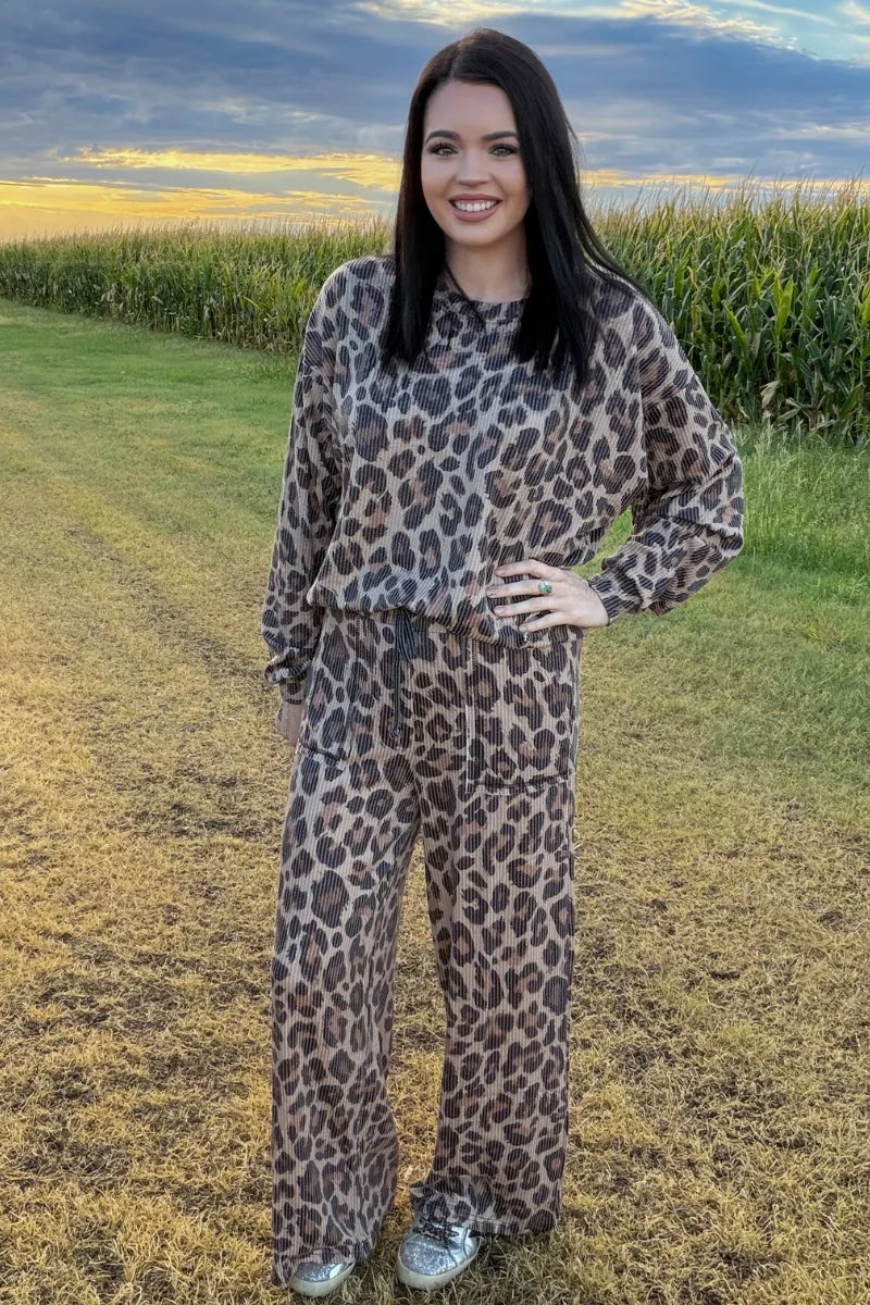 Wild Side Leopard Print Ribbed Drawstring Pants | Sterling Kreek