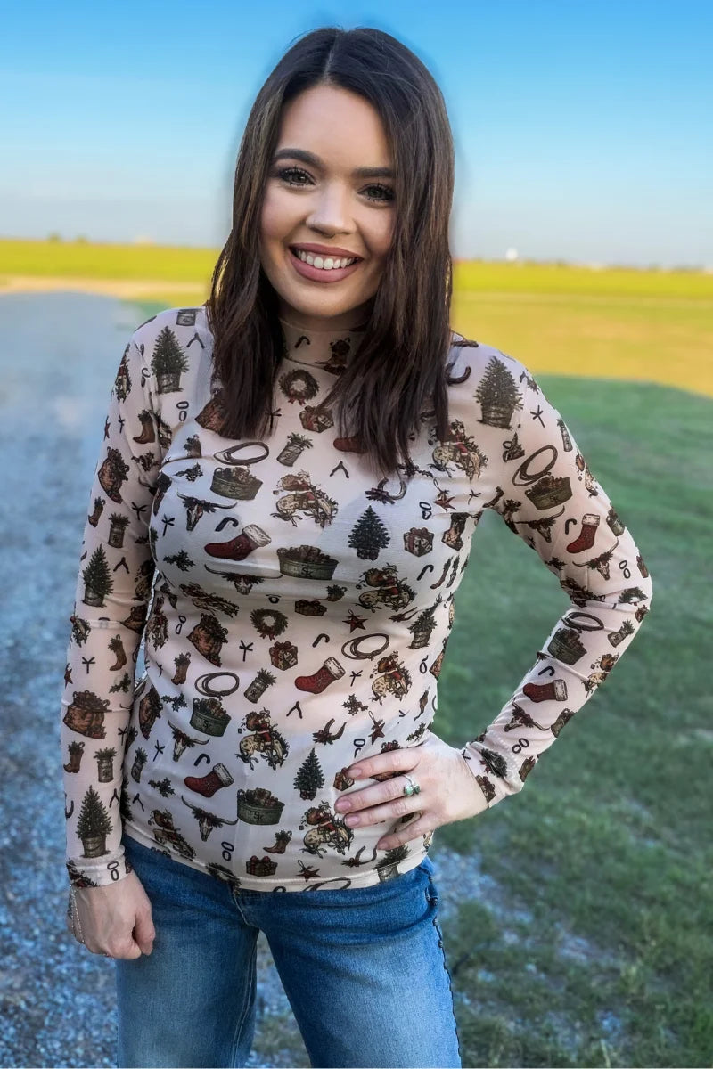 Holly Jolly Cowgirl Western Christmas Mesh Top