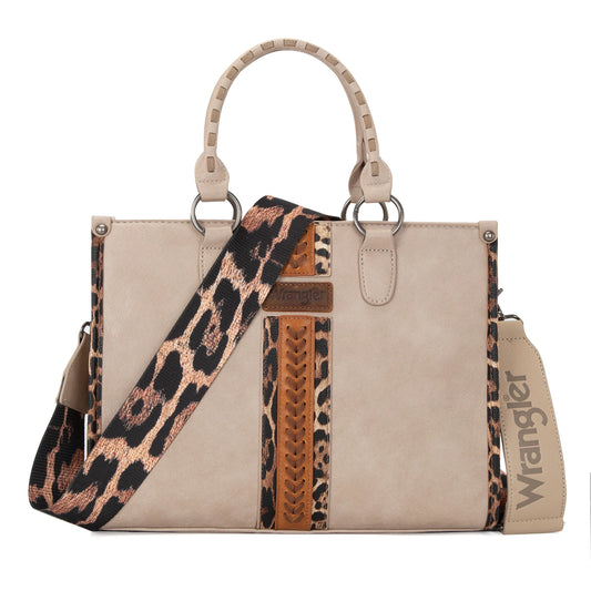 Wrangler Leopard Print Accented Whipstitch Tote with Crossbody Strap