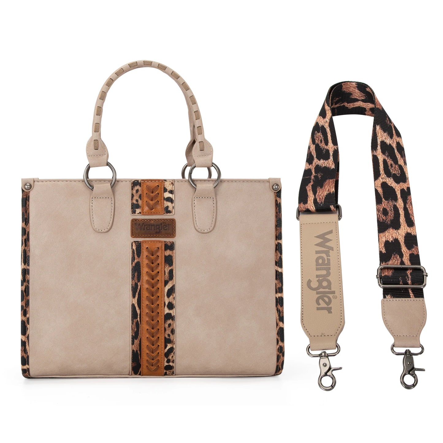 Wrangler Leopard Print Accented Whipstitch Tote with Crossbody Strap