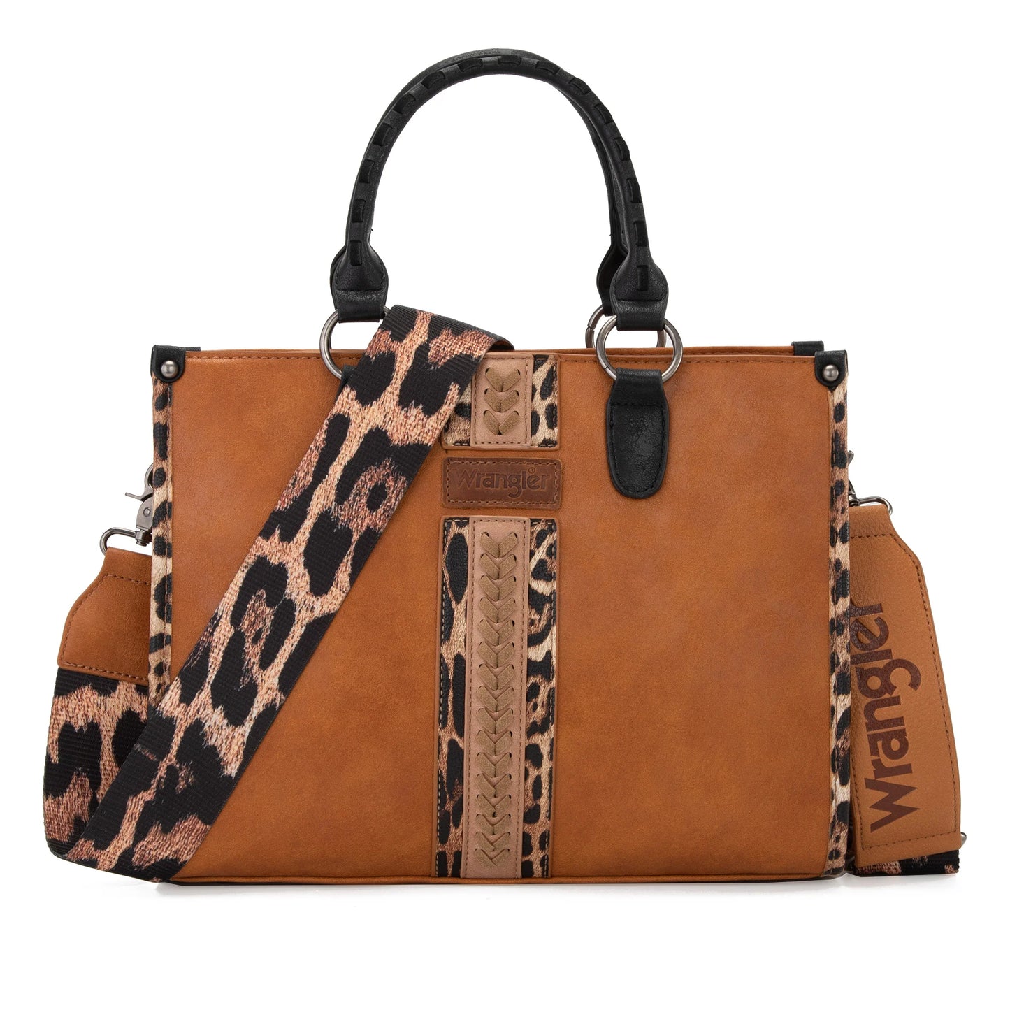 Wrangler Leopard Print Accented Whipstitch Tote with Crossbody Strap
