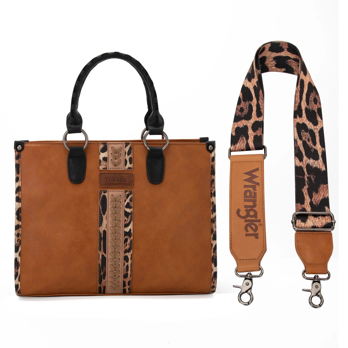Wrangler Leopard Print Accented Whipstitch Tote with Crossbody Strap