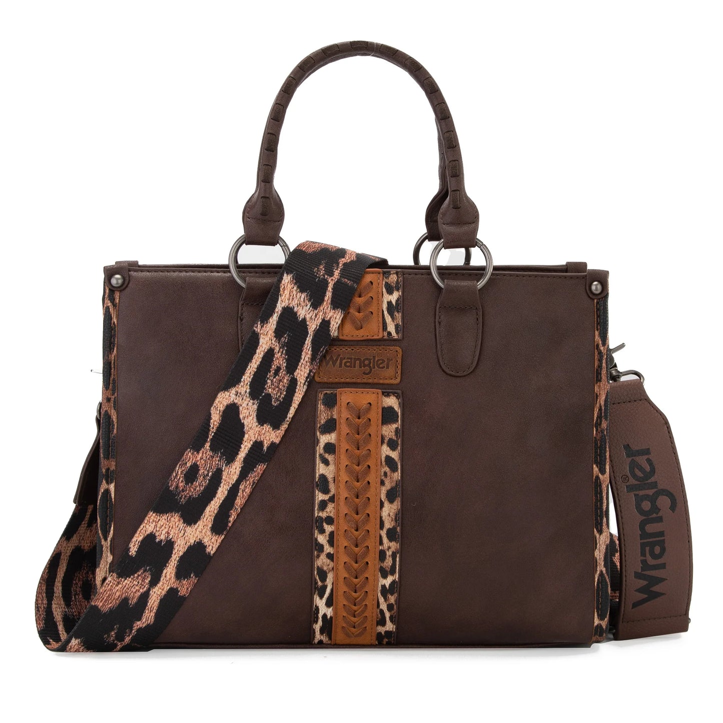 Wrangler Leopard Print Accented Whipstitch Tote with Crossbody Strap