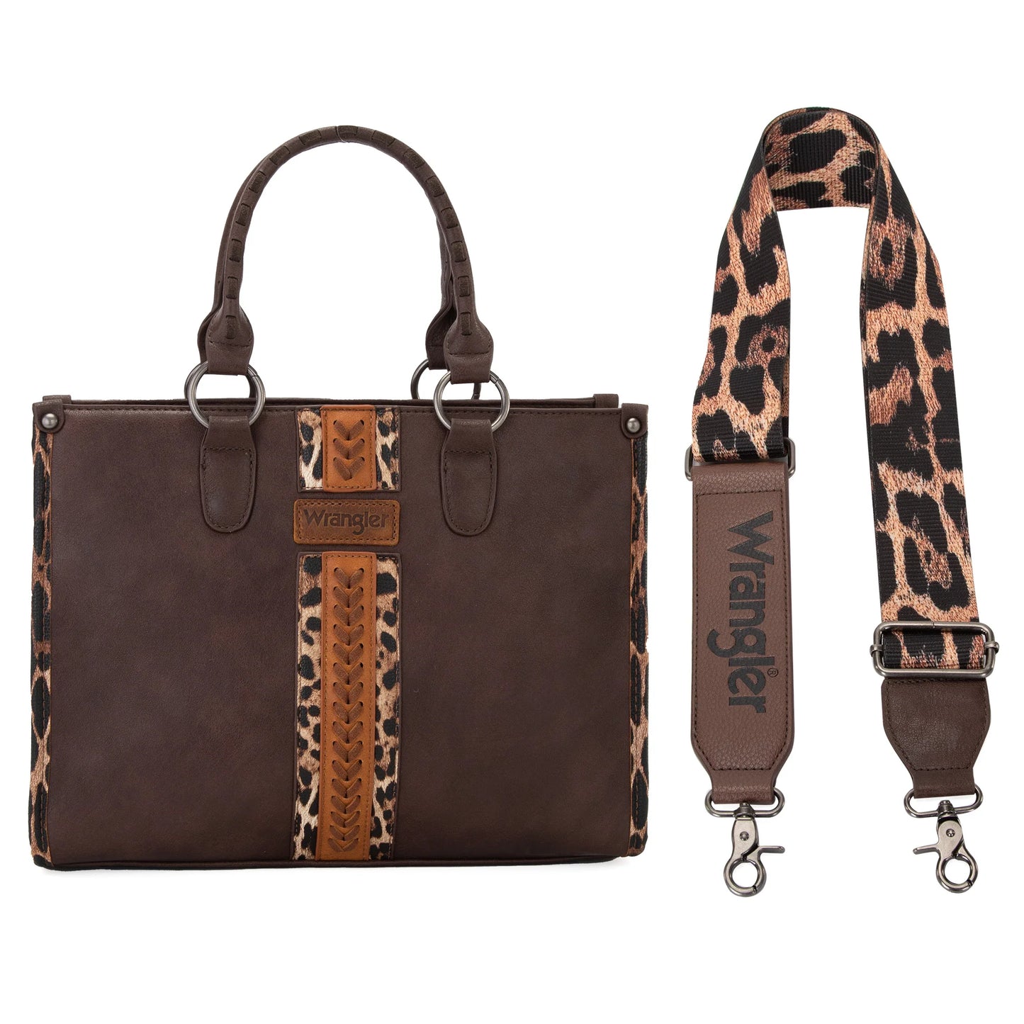 Wrangler Leopard Print Accented Whipstitch Tote with Crossbody Strap