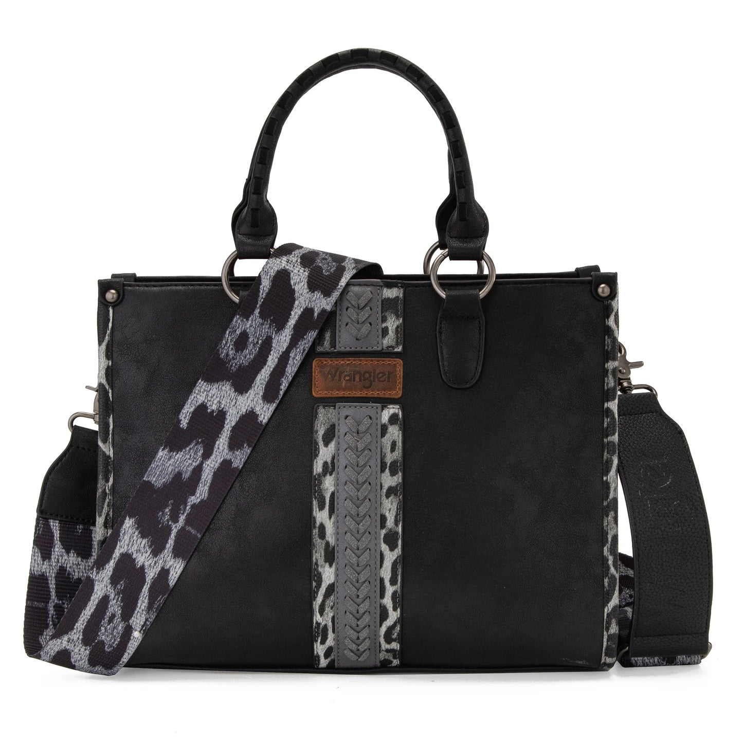 Wrangler Leopard Print Accented Whipstitch Tote with Crossbody Strap