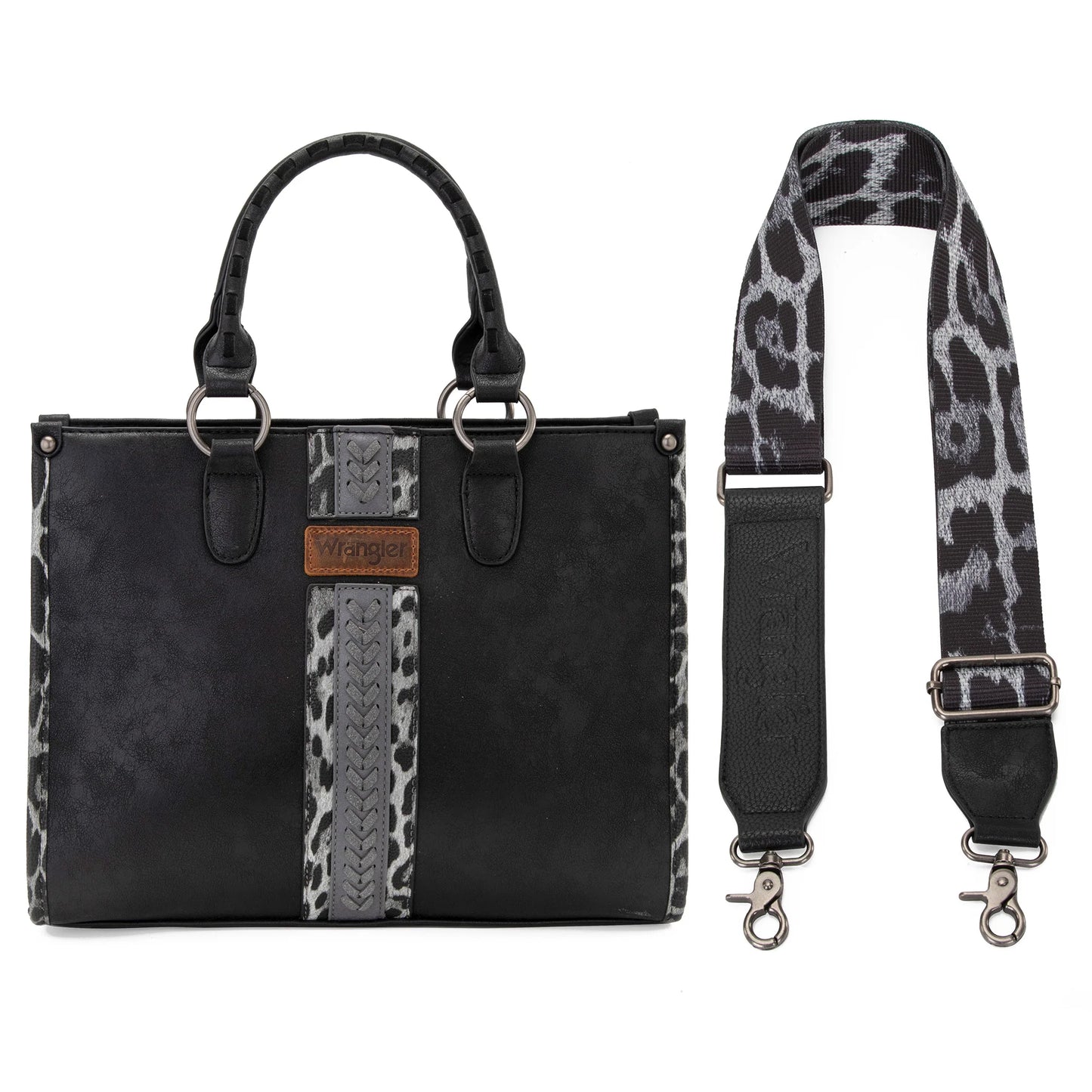 Wrangler Leopard Print Accented Whipstitch Tote with Crossbody Strap