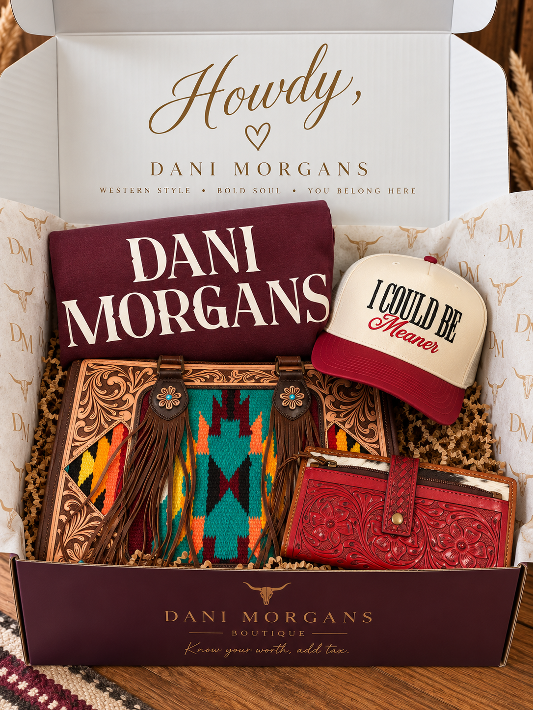 Dani Morgans Ultimate Western Mystery Bundle – Premium Handbag, Matching Wallet, Trucker Hat + Exclusive Crewneck