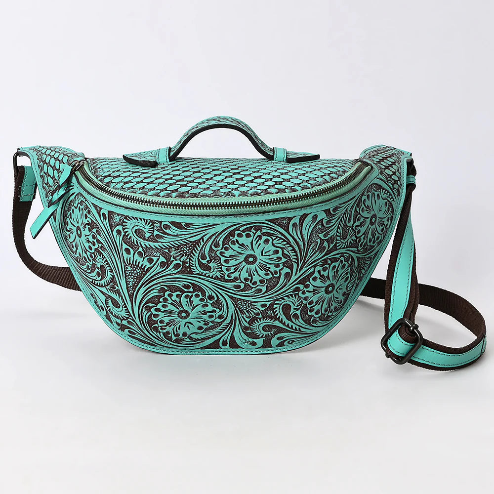 Turquoise Embossed Leather Bucket Bag with Drawstring & Whipstitch Detailing