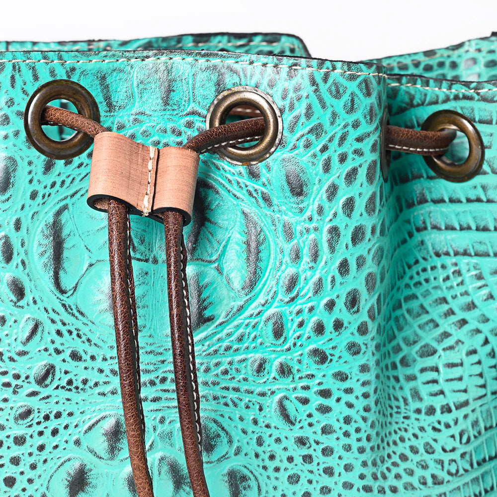 Turquoise Embossed Leather Bucket Bag with Drawstring & Whipstitch Detailing