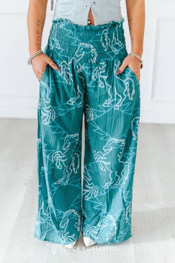 Turquoise Wild Horses Stretchy Wide Leg Pants – Limited Edition