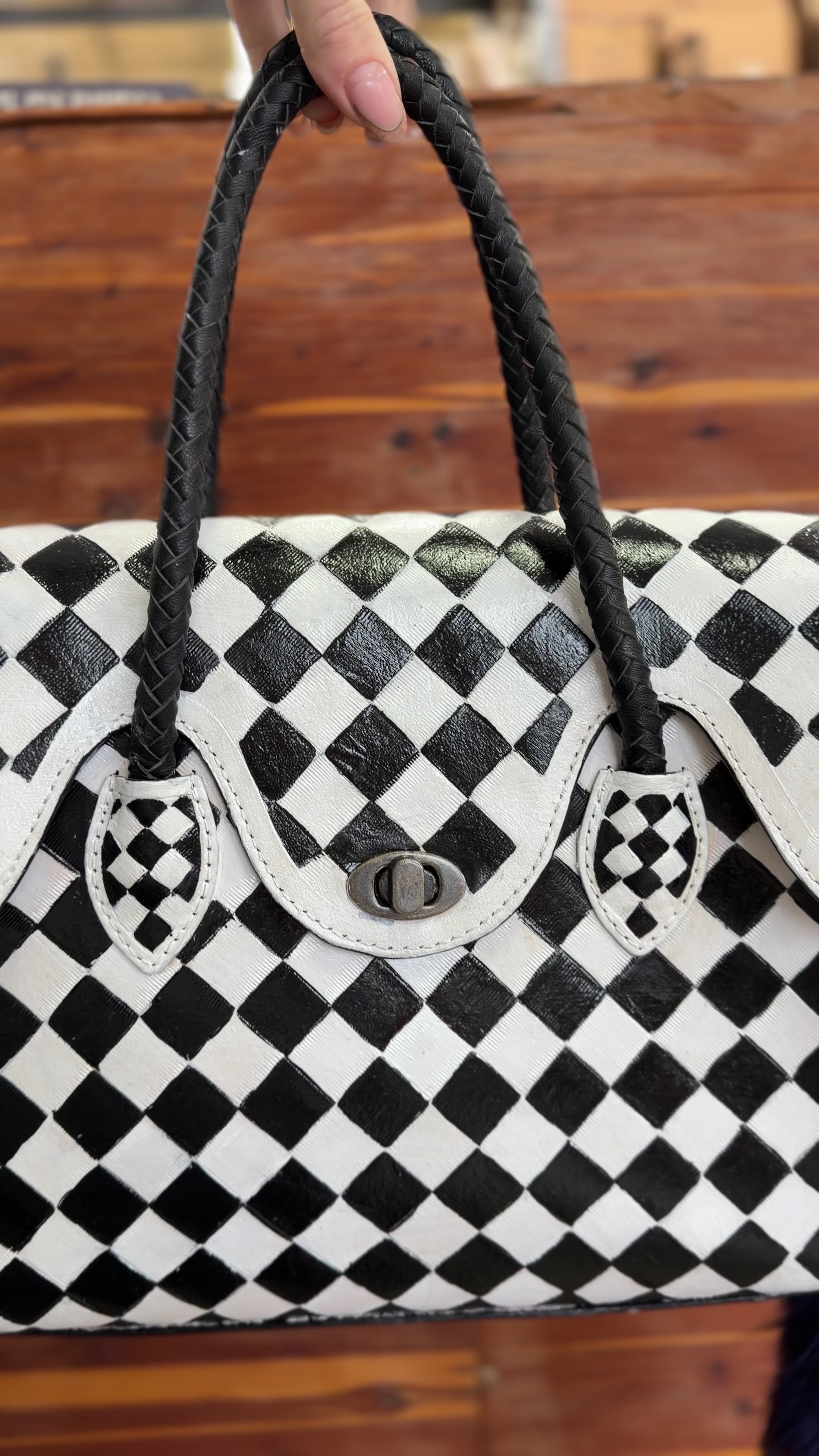 Black and White Checkered Jane Style Leather Bag with Purple Fox