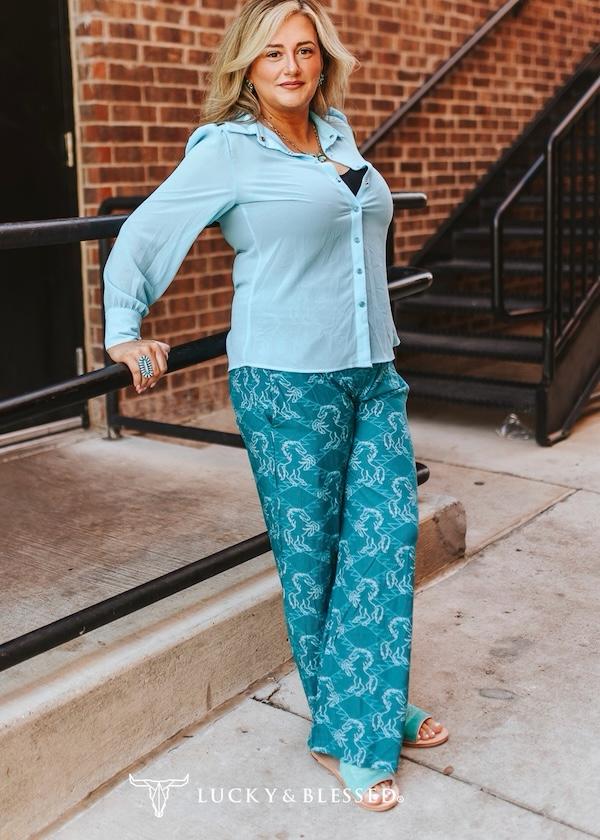 Turquoise Wild Horses Stretchy Wide Leg Pants – Limited Edition