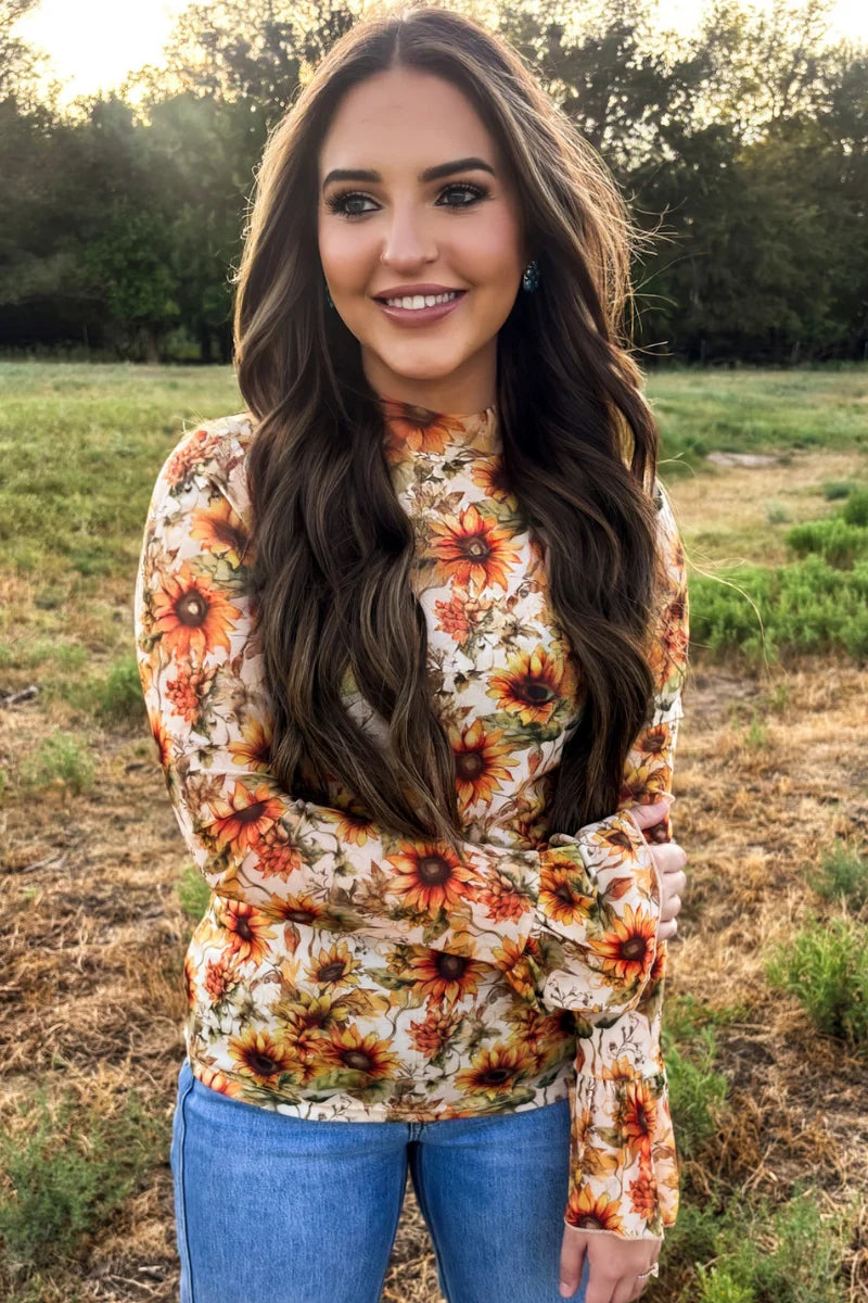 Golden Hour Sunflower Mesh Top