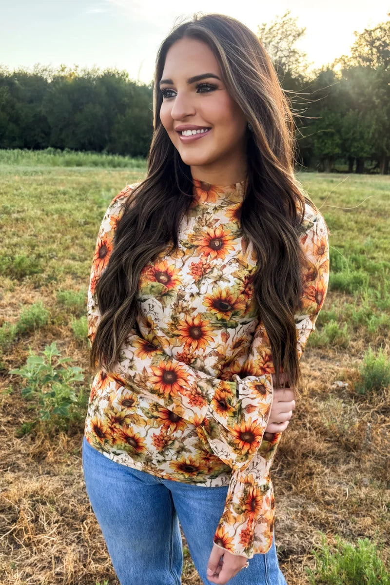 Golden Hour Sunflower Mesh Top