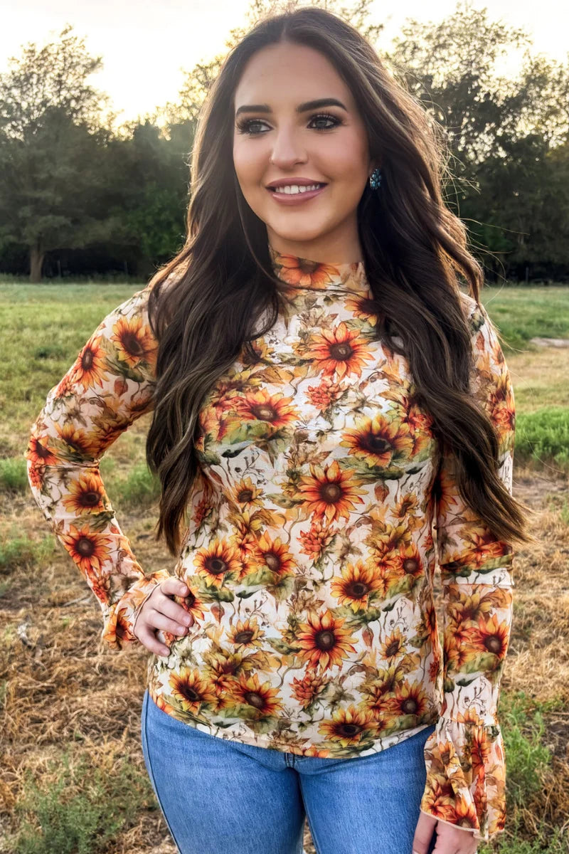 Golden Hour Sunflower Mesh Top