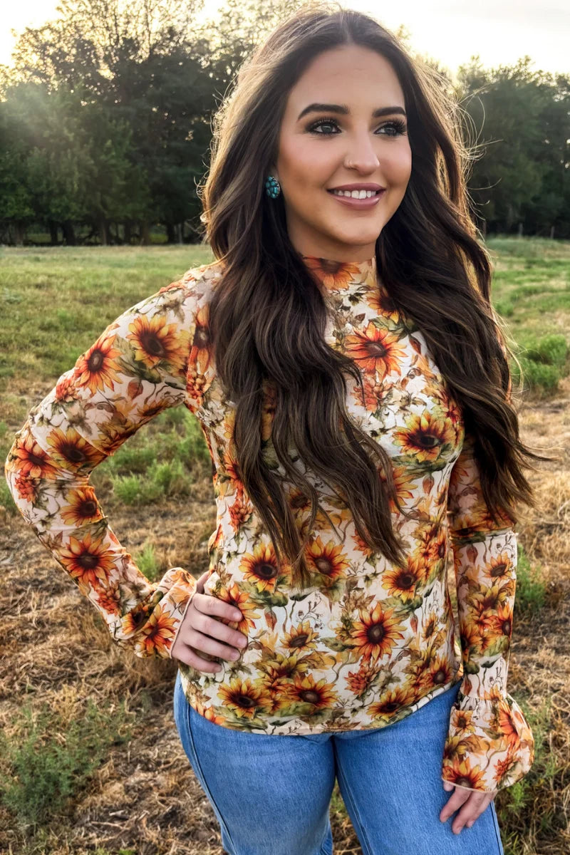 Golden Hour Sunflower Mesh Top