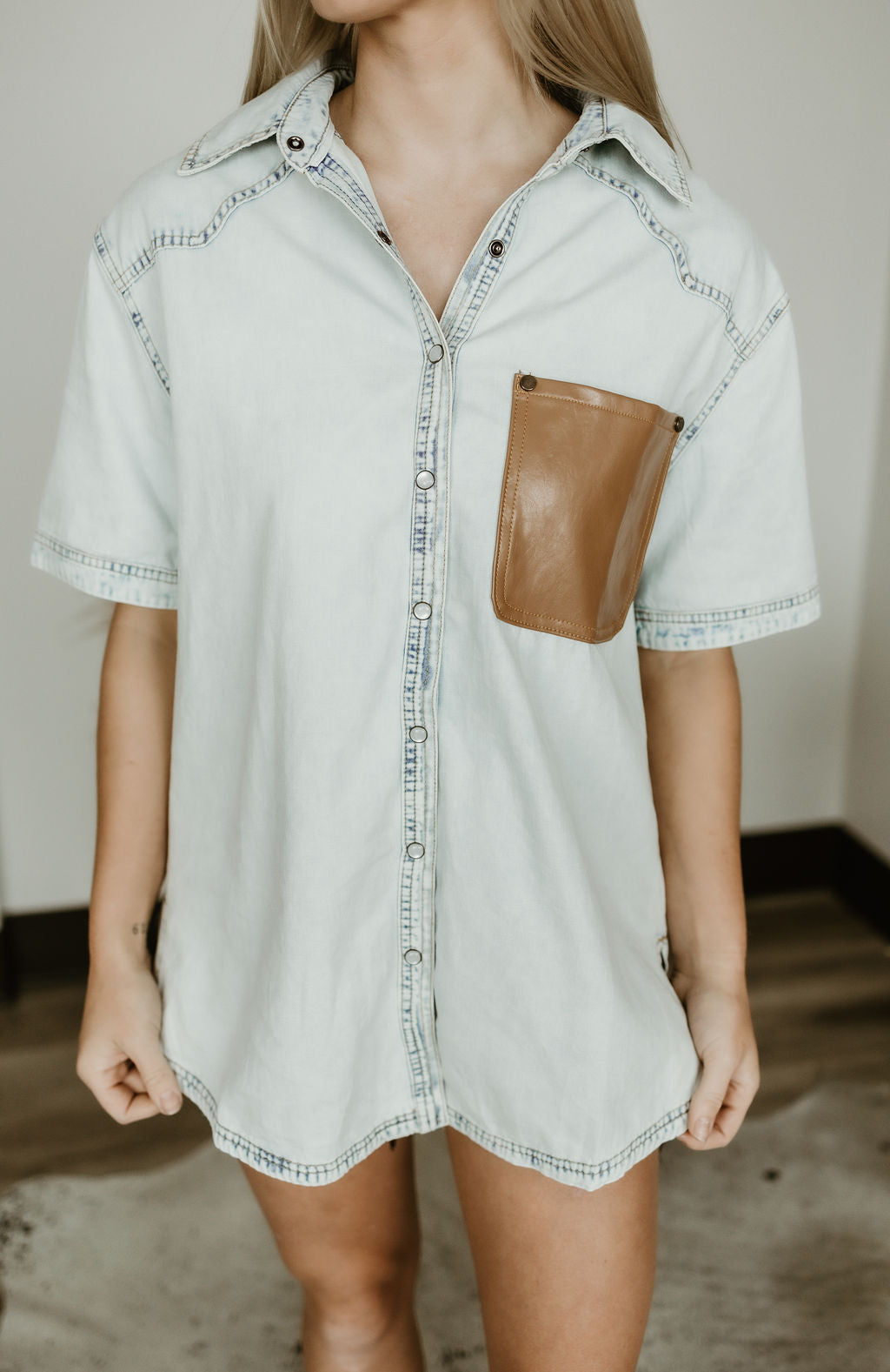 Pearl Snap Button Up Top With Leather Pocket Detail