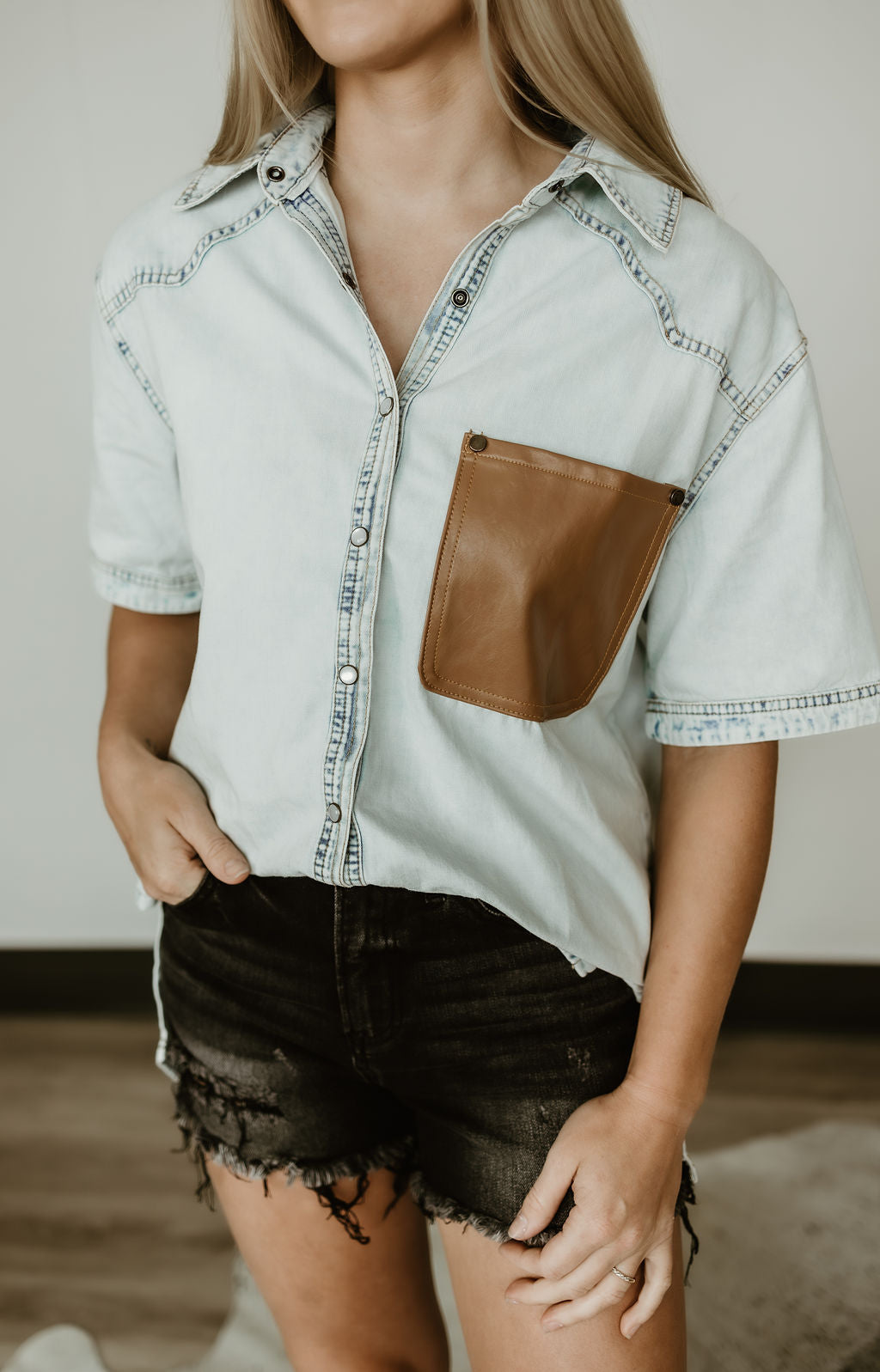 Pearl Snap Button Up Top With Leather Pocket Detail