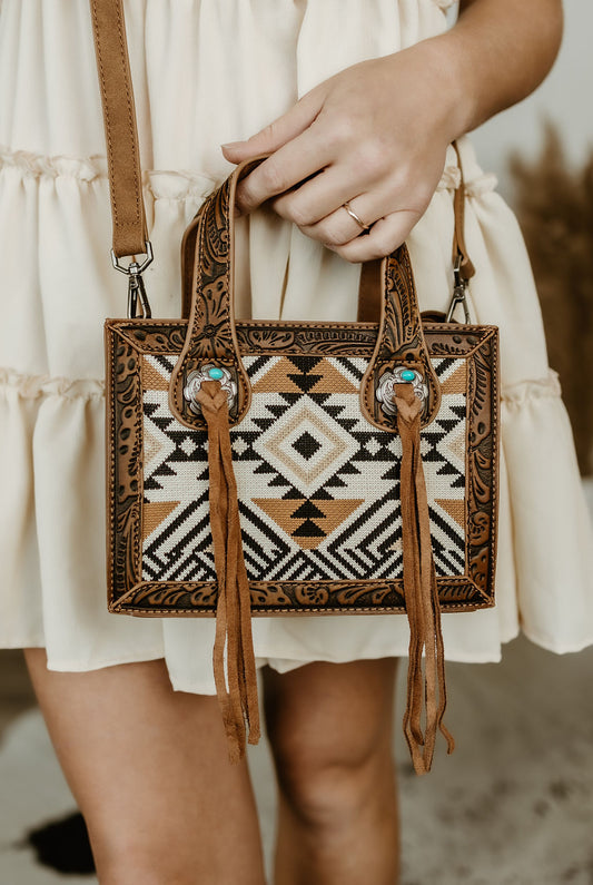 Montana West Southwestern Tapestry Fringe Accented Mini Tote/Crossbody