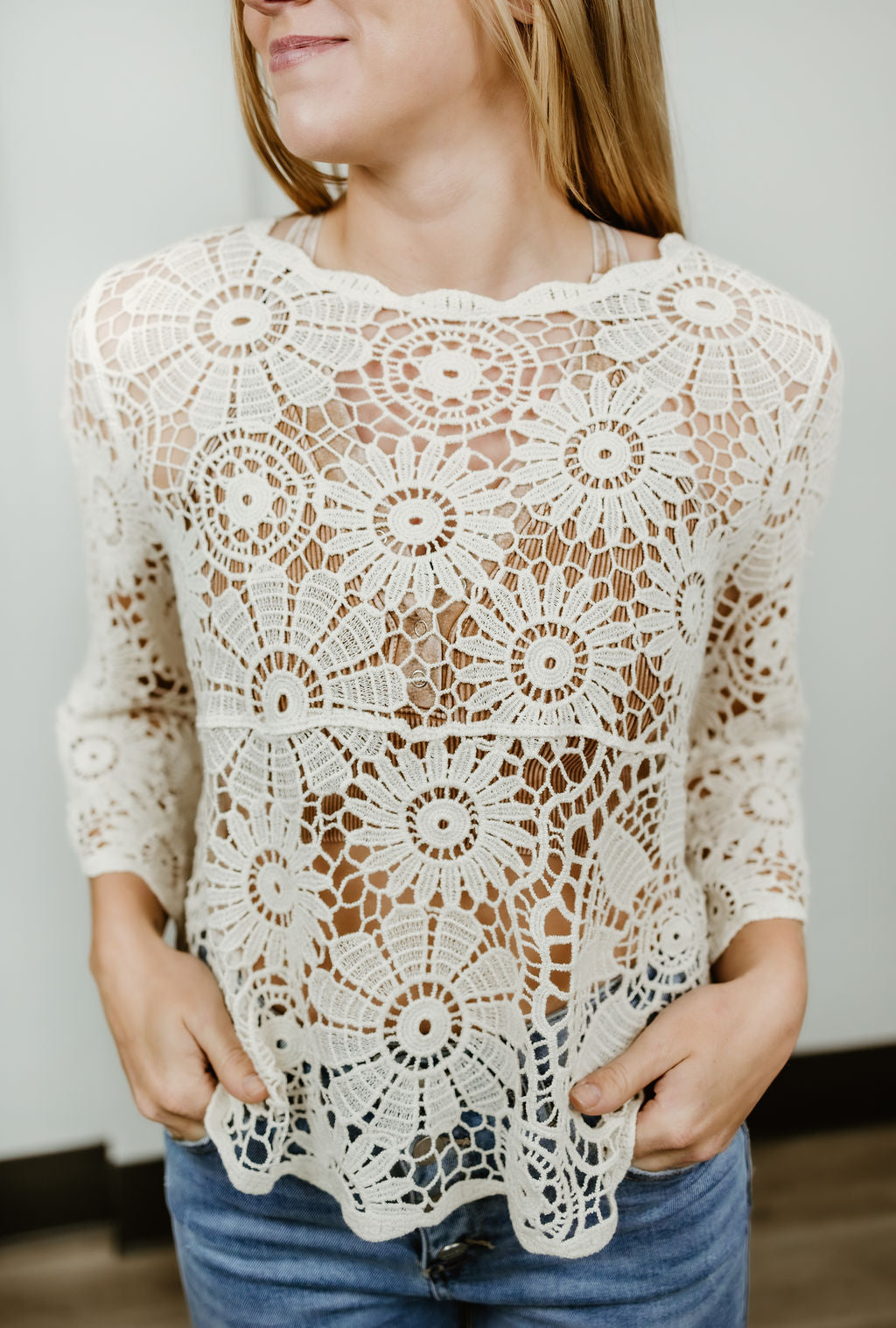 Bell Sleeves Crochet Blouse with Scallop Edge