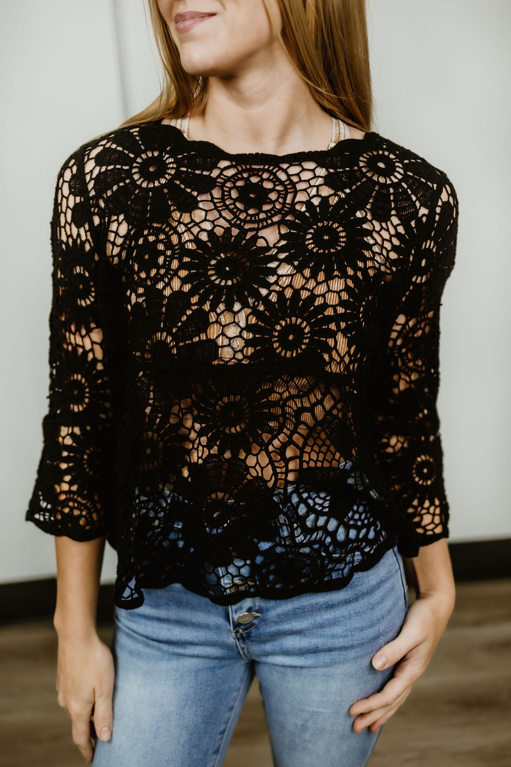 Bell Sleeves Crochet Blouse with Scallop Edge