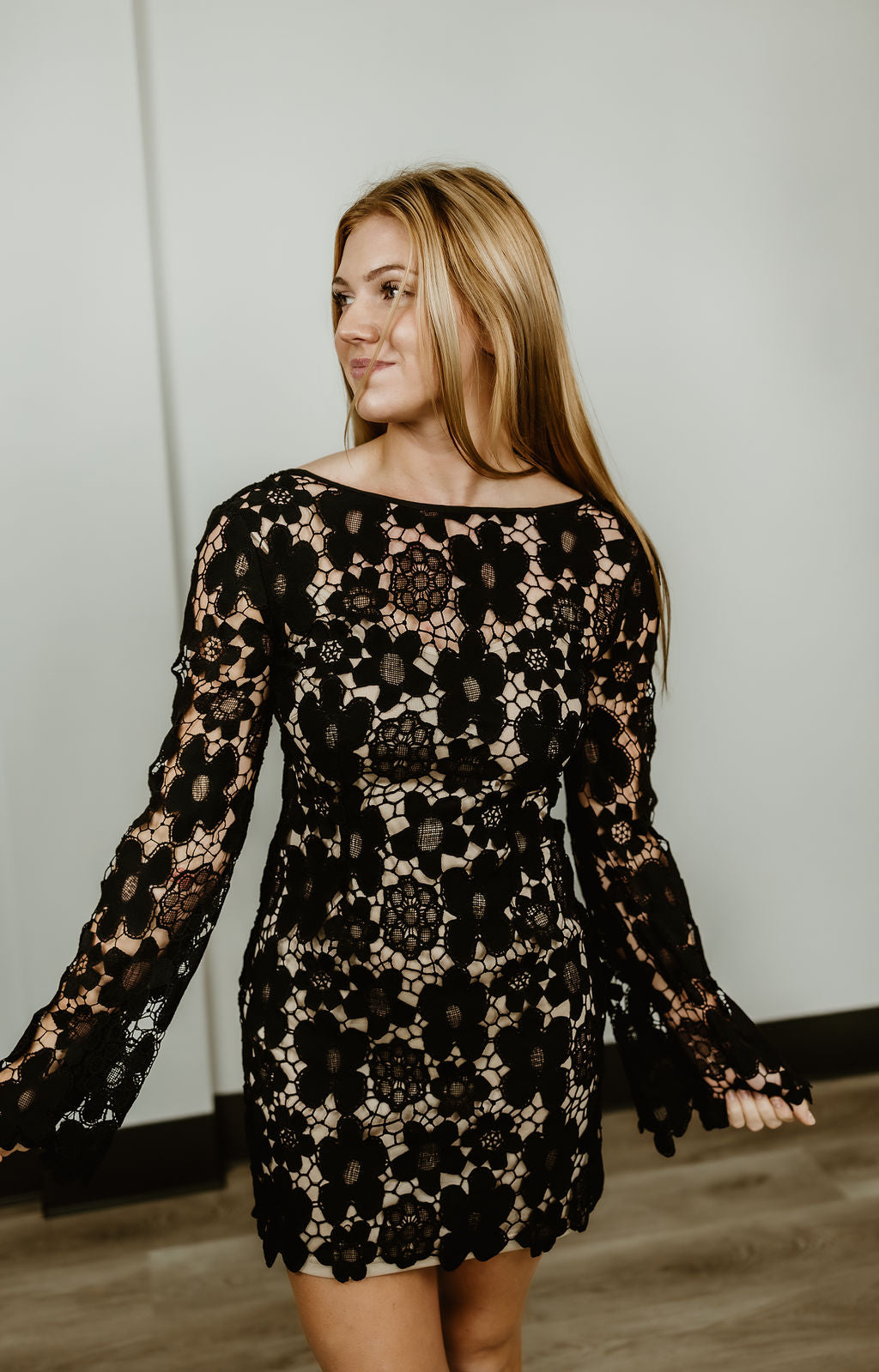 Floral Lace Bell Sleeve Mini Dress