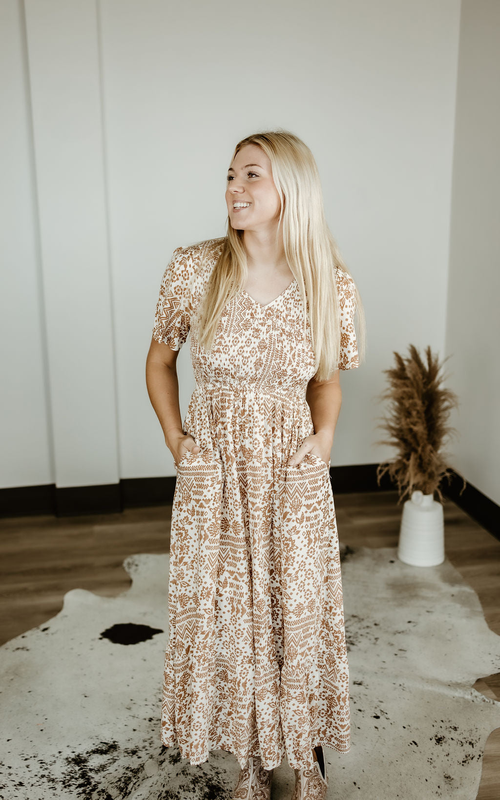 Smocked Teared Midi Fall Dress