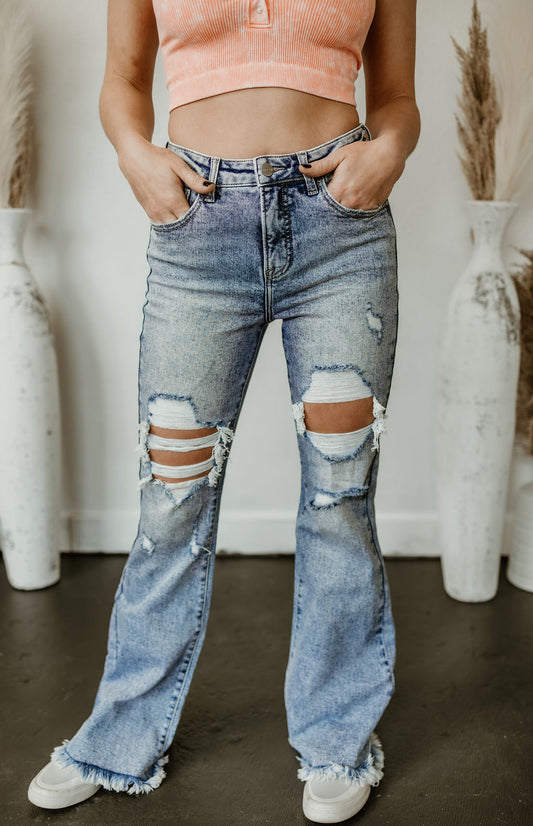 Dani Morgans Exclusive Risen Acid Wash  Tummy Control High Rise Distressed Flare Jeans