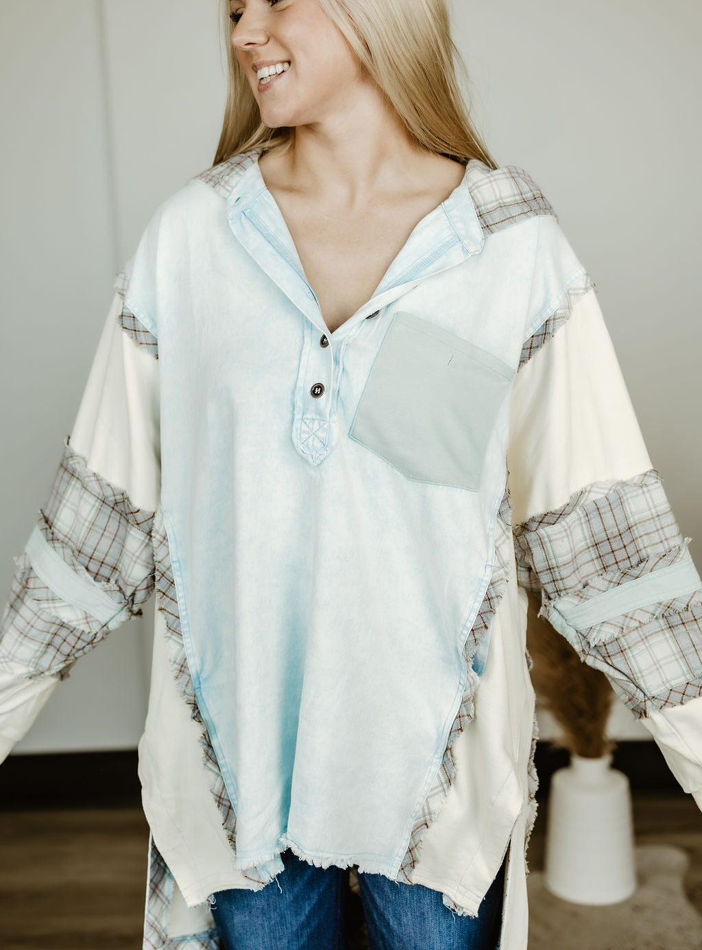 Oversized Patchwork Hooded Flannel Pull Over