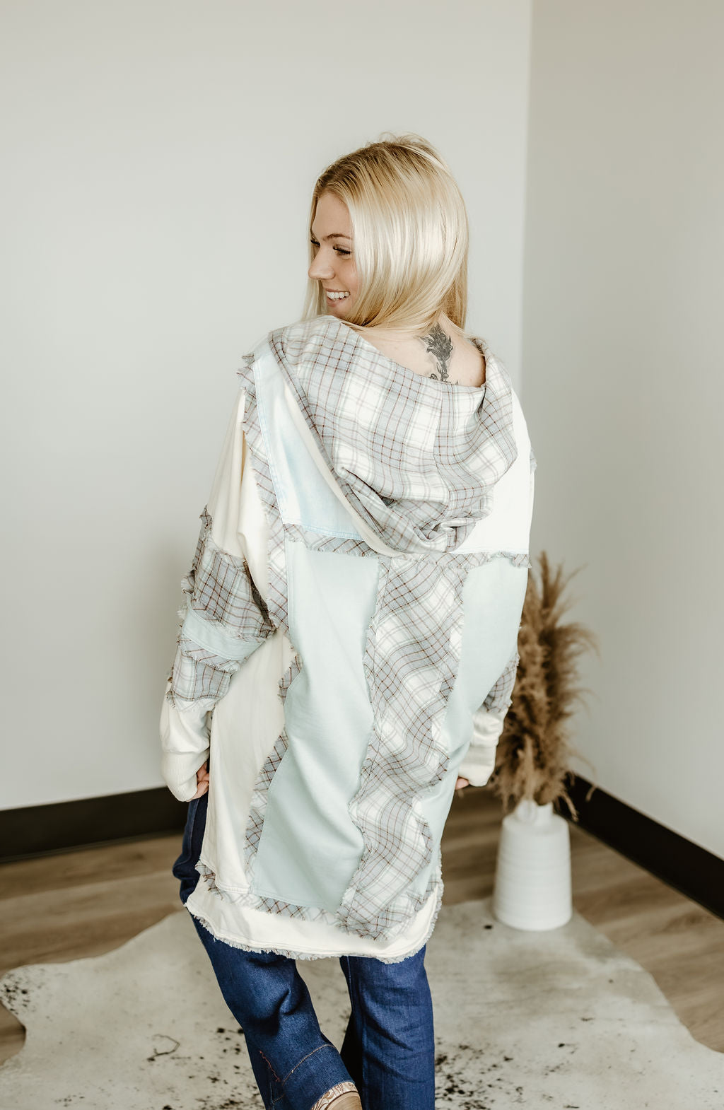 Oversized Patchwork Hooded Flannel Pull Over