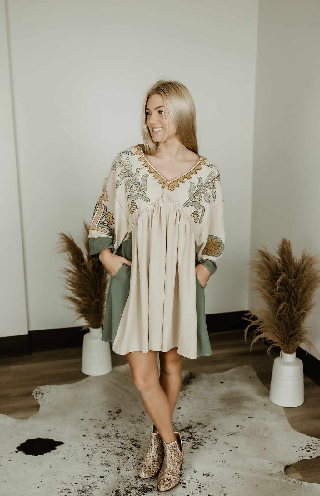 Embroidered Poly Linen Woven Dress