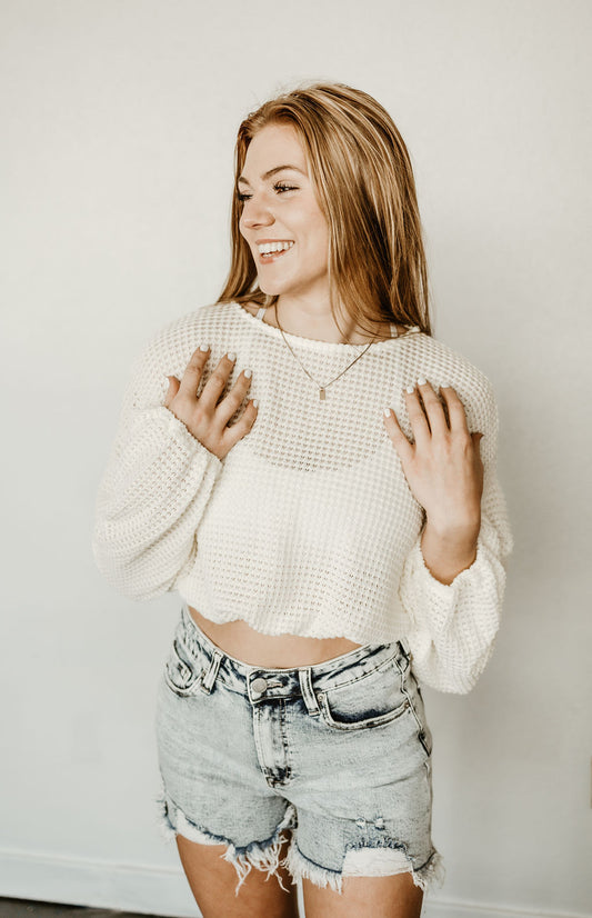 Cropped Waffle Knit Bubble Sleeve Top