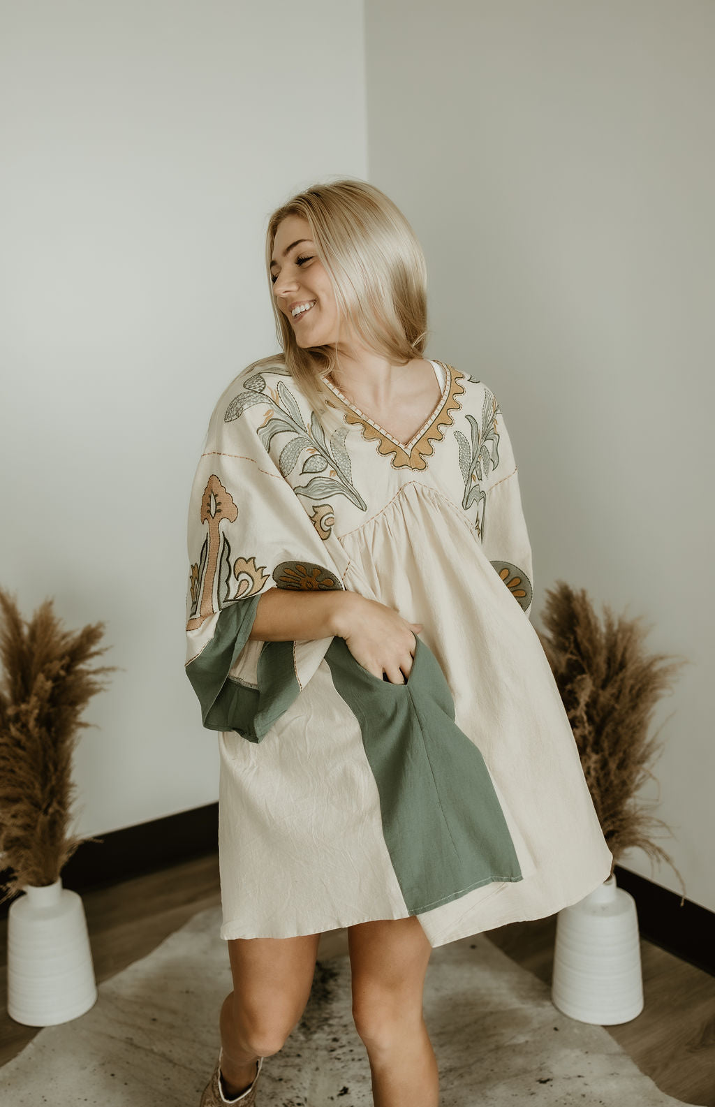 Embroidered Poly Linen Woven Dress