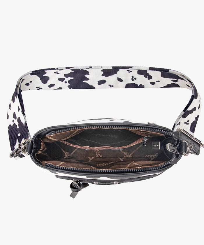 Wrangler Western Womans Zippered Cow Print Crossbody Bag With Adjustable Strap