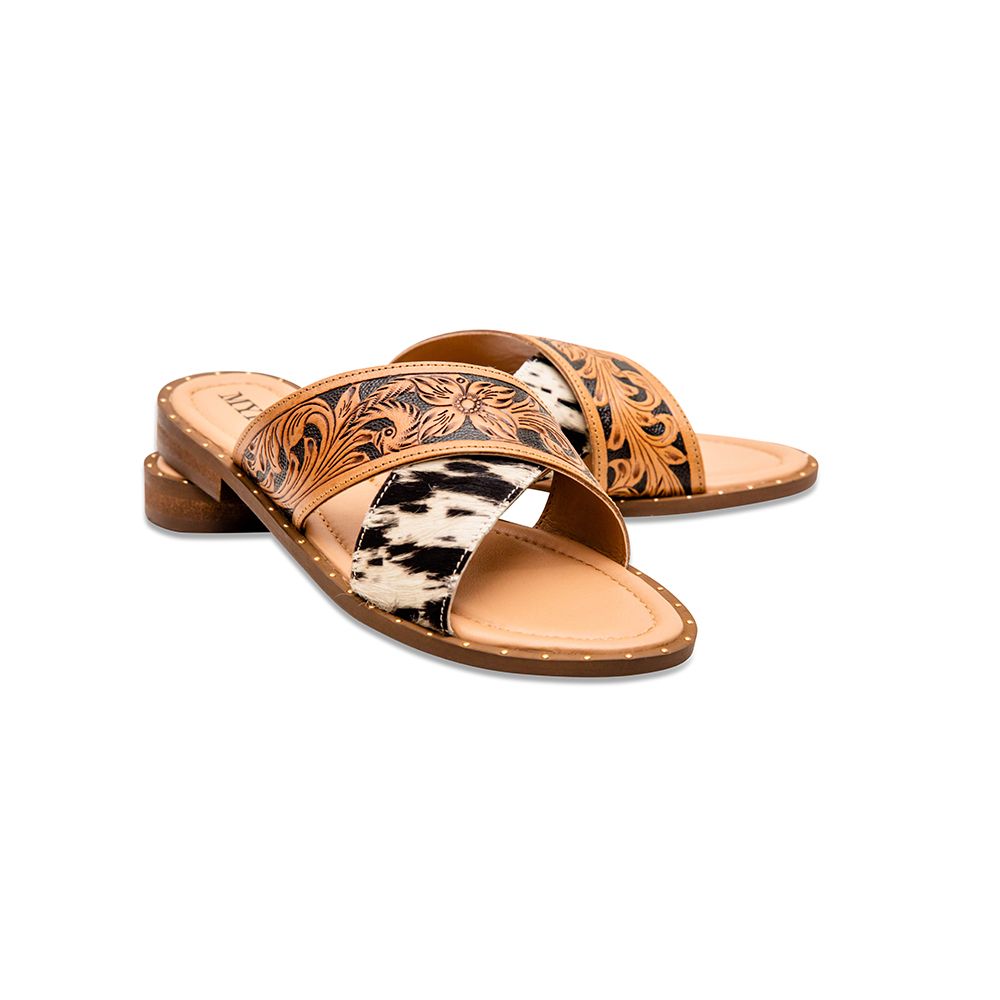 Roper Women's Tan Floral Tooled Leather Open Toe Zip Mule Sandal 0946- |  Painted Cowgirl Western Store